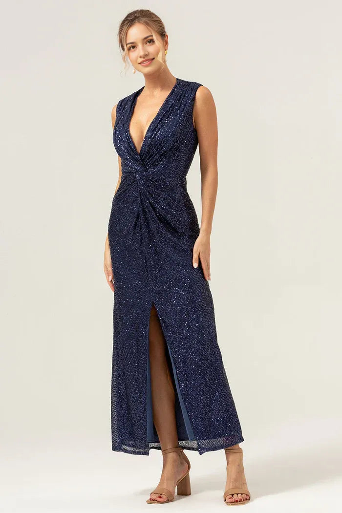 Weitese Dress Sparkly Navy Sheath V-Neck Sequins Tea Length Prom Dress V Neck Sleeveless Sparkle & Shine Party Dress